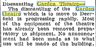 may 1920 dismantled Garden Theatre, Adrian